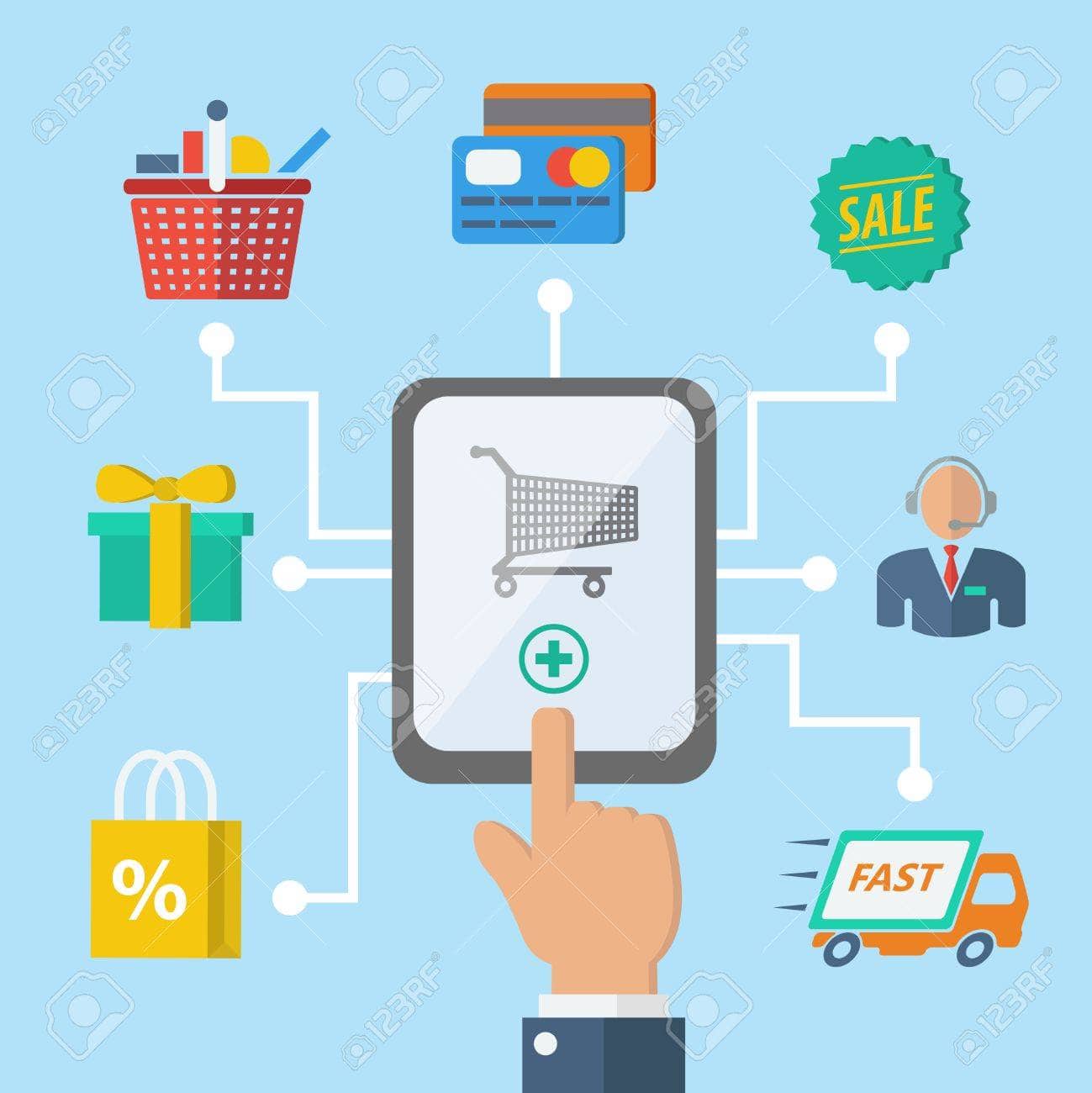 Shopping e-commerce hand concept connecteurs logiciel de caisse